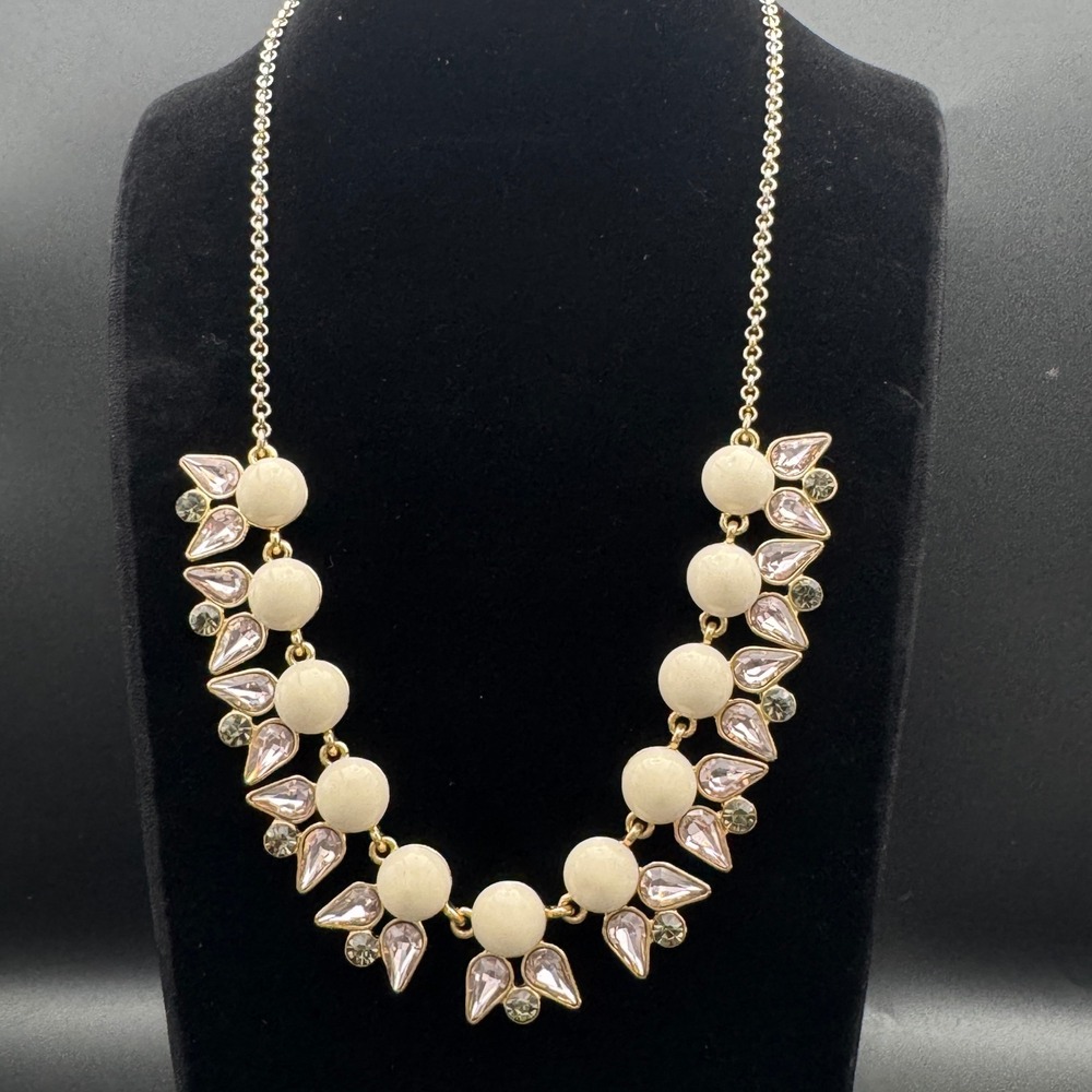 J.Crew Statement Necklace Cream Cabochon Pink Rhinestone Gold‎ Tone Cluster 20in